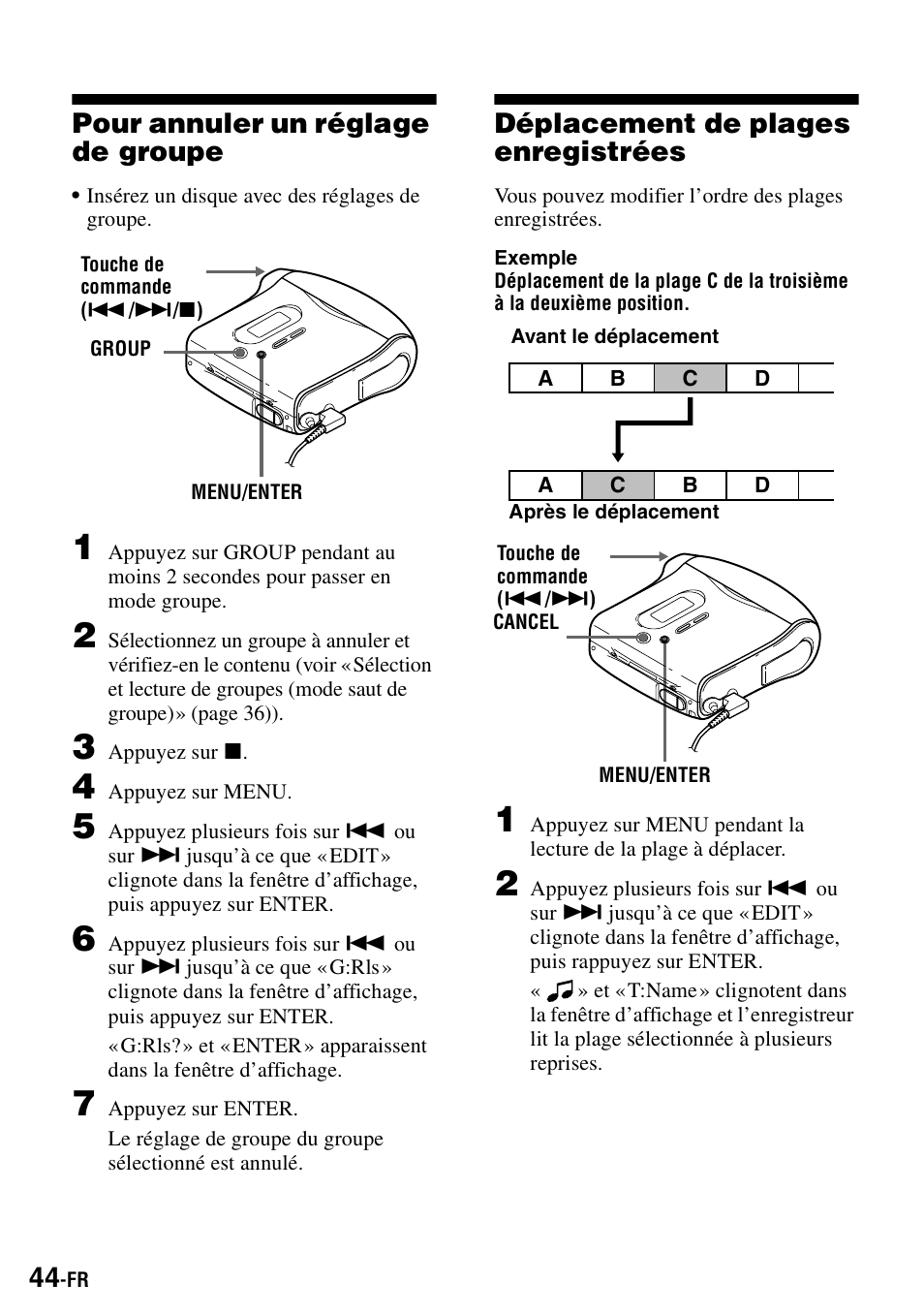 Pour annuler un réglage de groupe, Déplacement de plages enregistrées | Sony MZ-S1 User Manual | Page 112 / 208