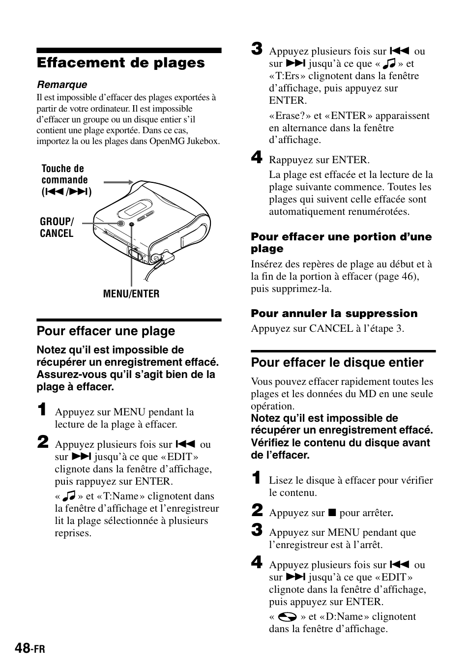 Effacement de plages, Pour effacer une plage, Pour effacer le disque entier | Sony MZ-S1 User Manual | Page 116 / 208
