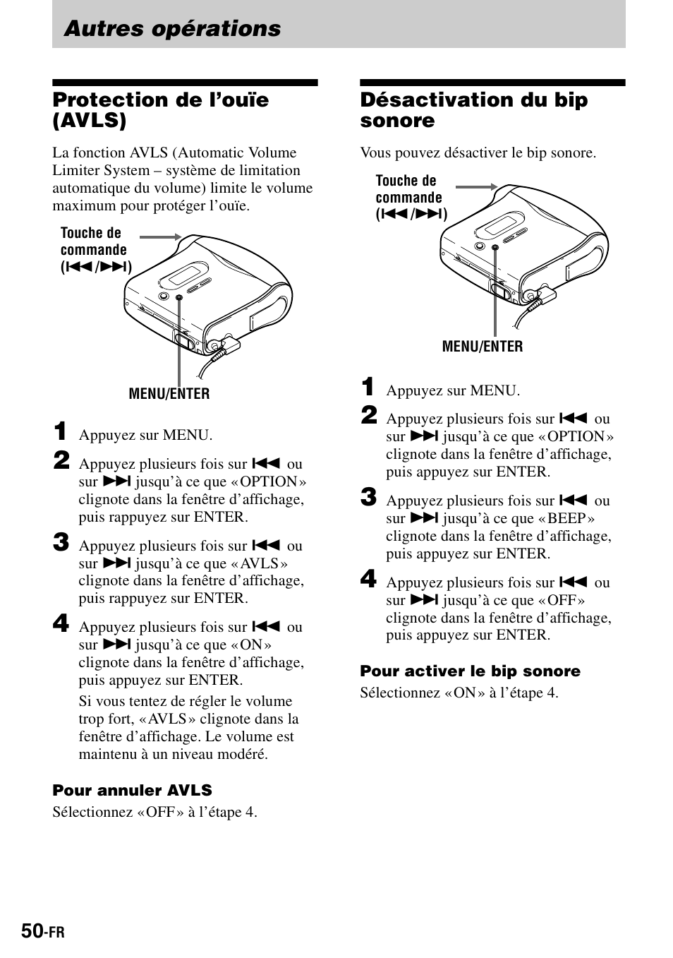 Autres opérations, Protection de l’ouïe (avls), Désactivation du bip sonore | Sony MZ-S1 User Manual | Page 118 / 208