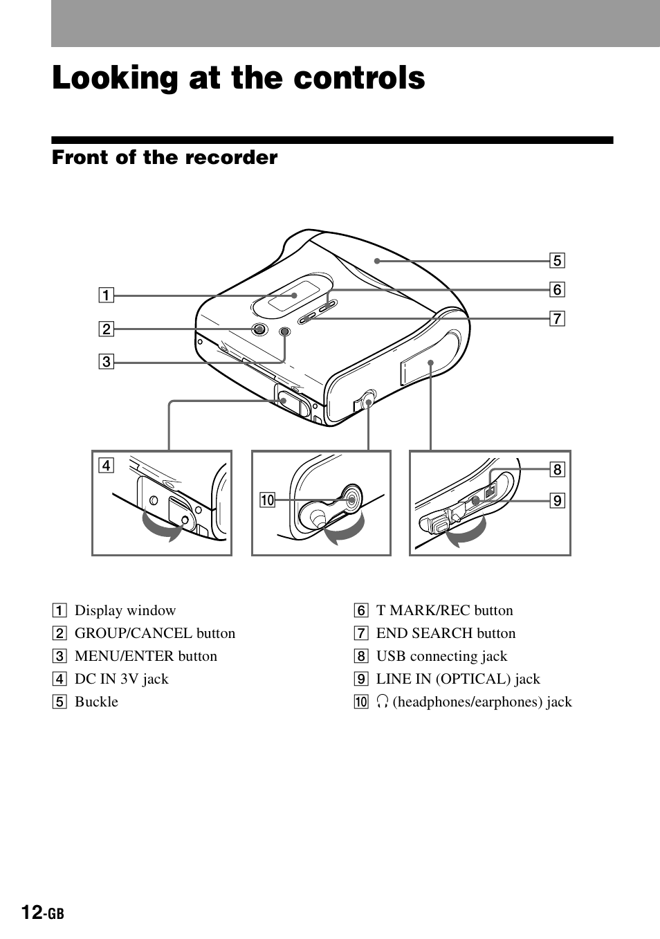 Looking at the controls, Front of the recorder | Sony MZ-S1 User Manual | Page 12 / 208