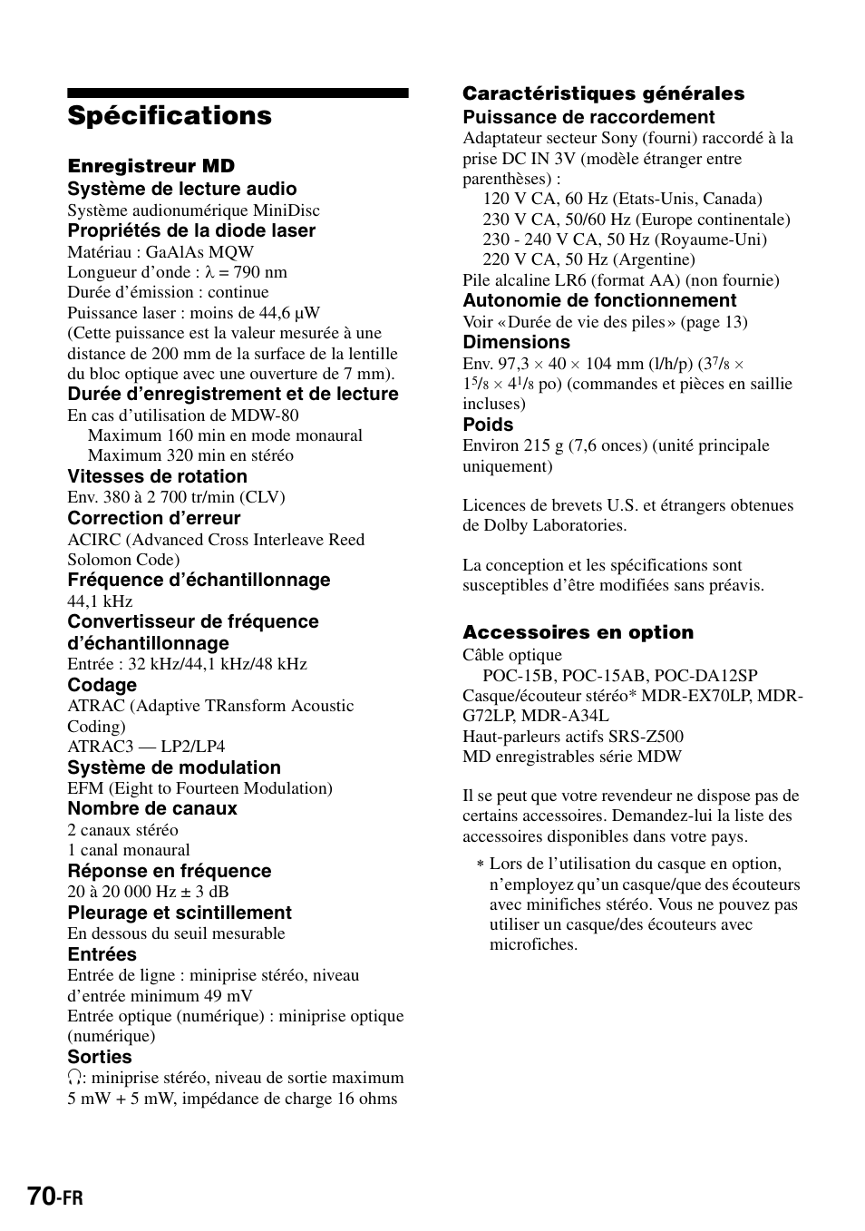 Spécifications | Sony MZ-S1 User Manual | Page 138 / 208