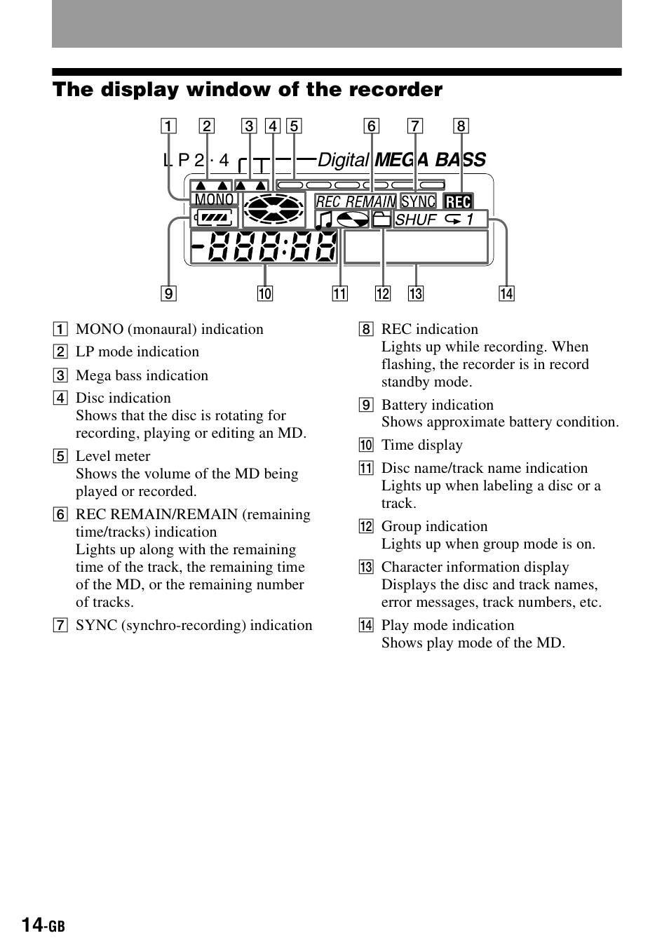 The display window of the recorder, Digital mega bass, L p 2 . 4 | Sony MZ-S1 User Manual | Page 14 / 208