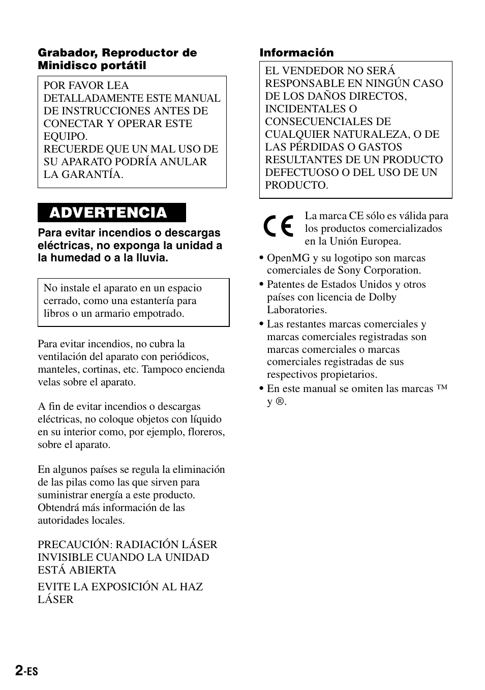 Advertencia | Sony MZ-S1 User Manual | Page 142 / 208
