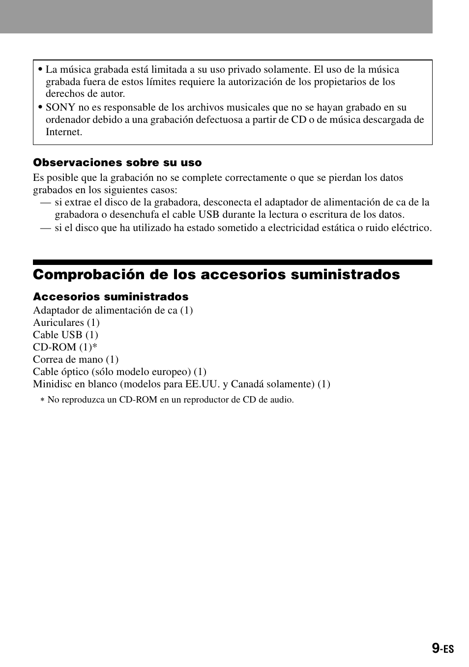 Comprobación de los accesorios suministrados | Sony MZ-S1 User Manual | Page 149 / 208