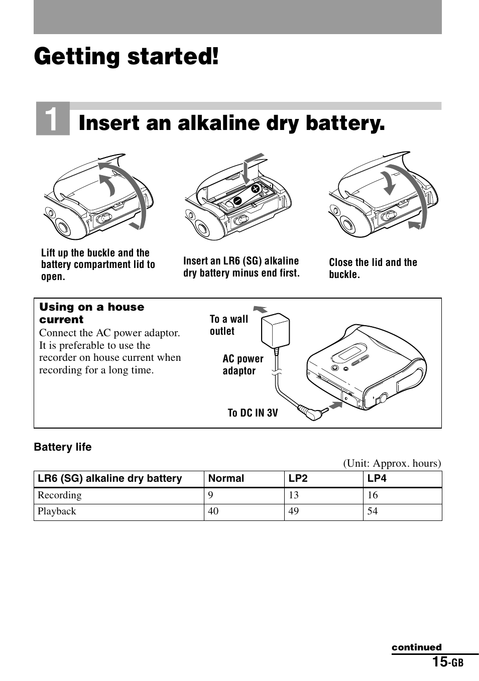 Getting started, Insert an alkaline dry battery | Sony MZ-S1 User Manual | Page 15 / 208