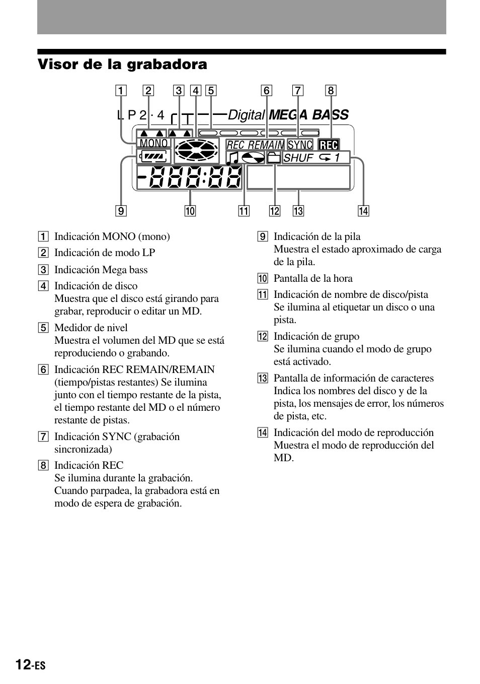 Visor de la grabadora, Digital mega bass, L p 2 . 4 | Sony MZ-S1 User Manual | Page 152 / 208