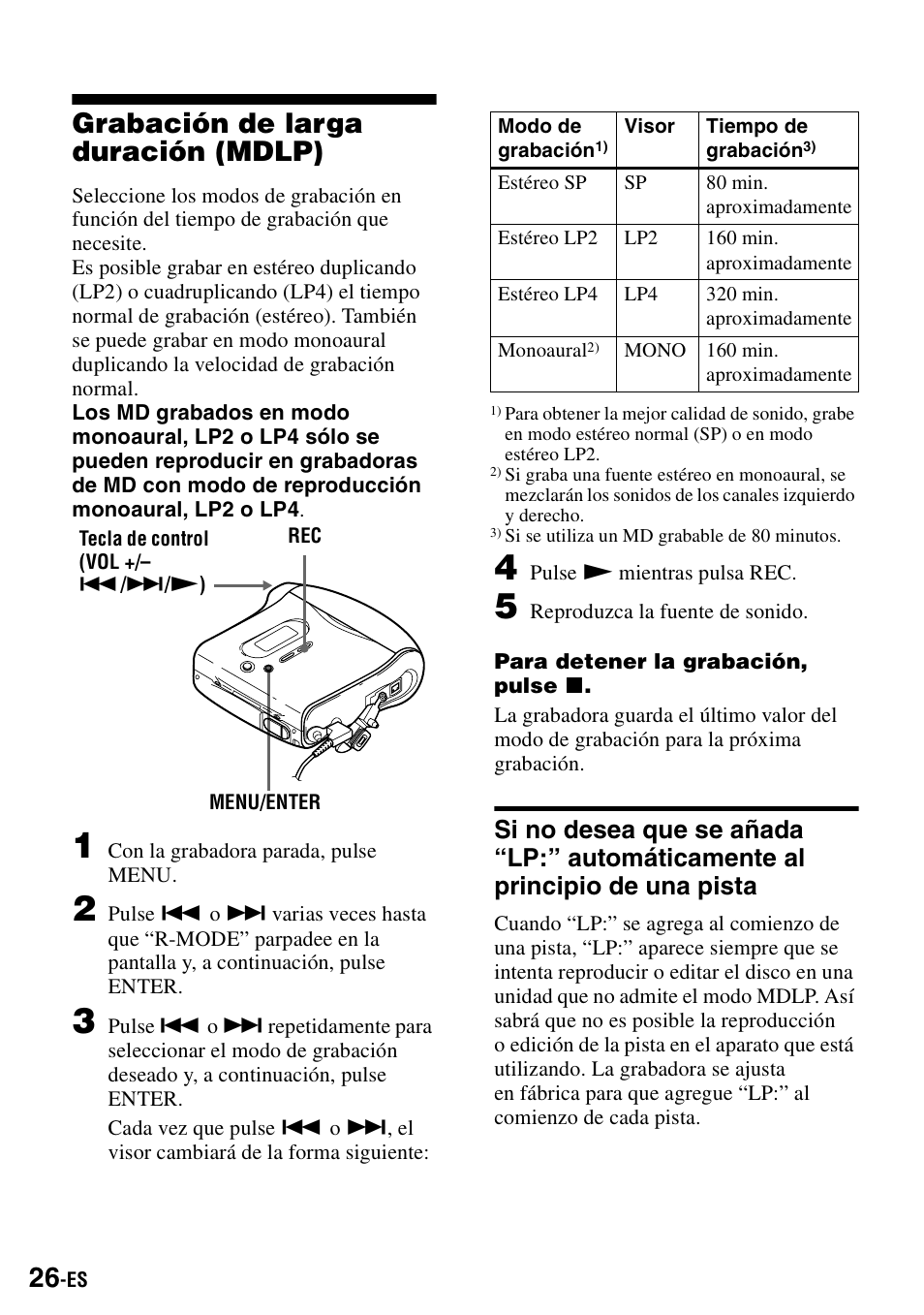 Grabación de larga duración (mdlp), Si no desea que se añada “lp:” automáticamente al, Principio de una pista | Sony MZ-S1 User Manual | Page 166 / 208