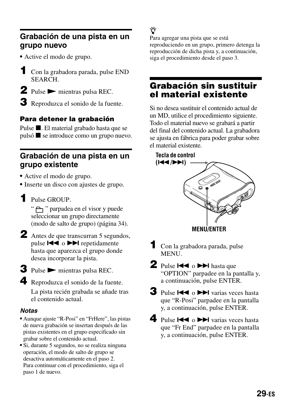 Grabación de una pista en un grupo nuevo, Grabación de una pista en un grupo existente, Grabación sin sustituir el material existente | Sony MZ-S1 User Manual | Page 169 / 208