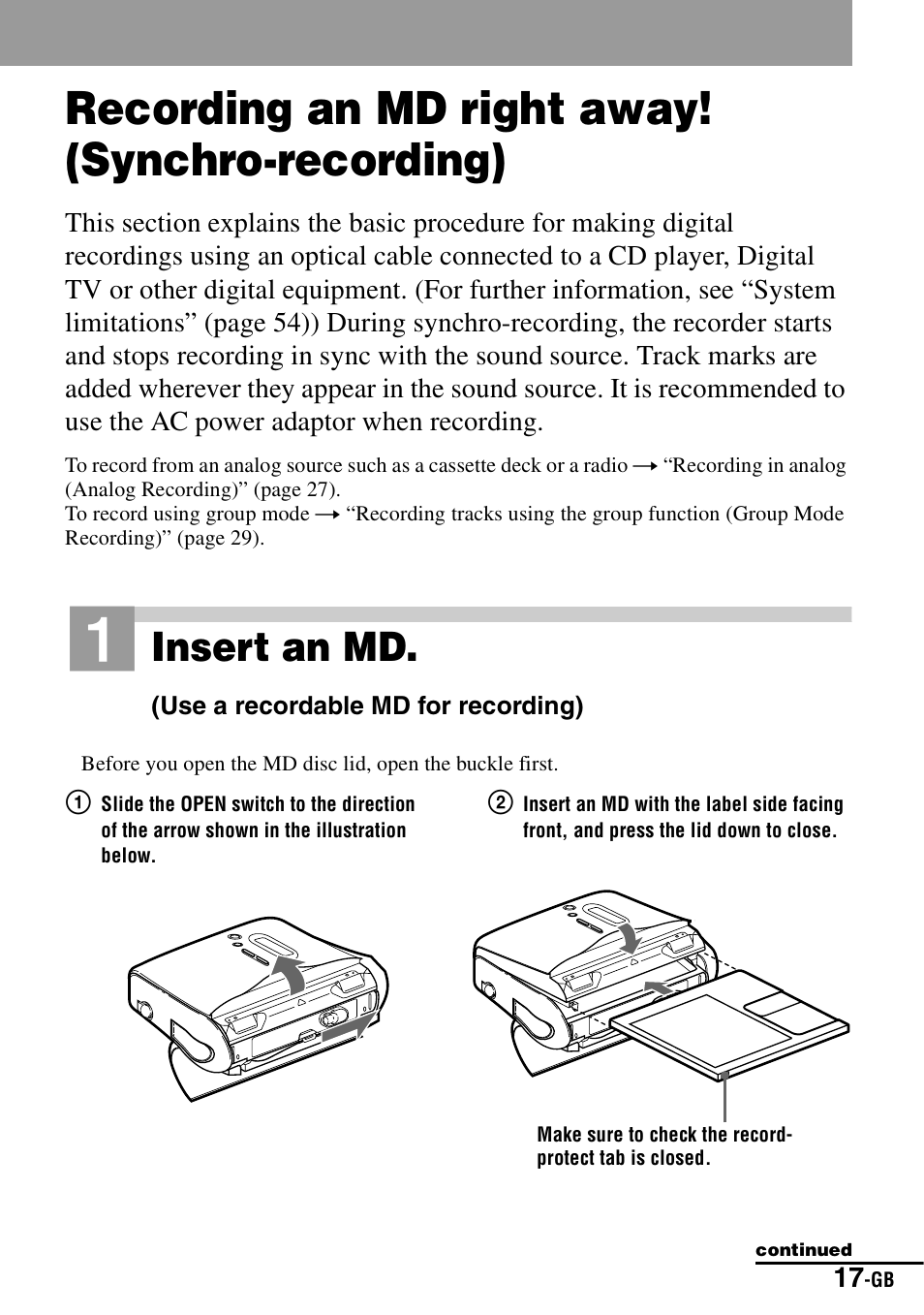 Recording an md right away! (synchro-recording), Insert an md | Sony MZ-S1 User Manual | Page 17 / 208