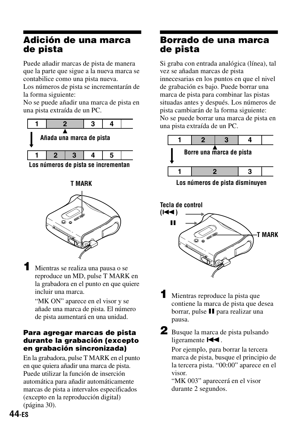 Adición de una marca de pista, Borrado de una marca de pista | Sony MZ-S1 User Manual | Page 184 / 208