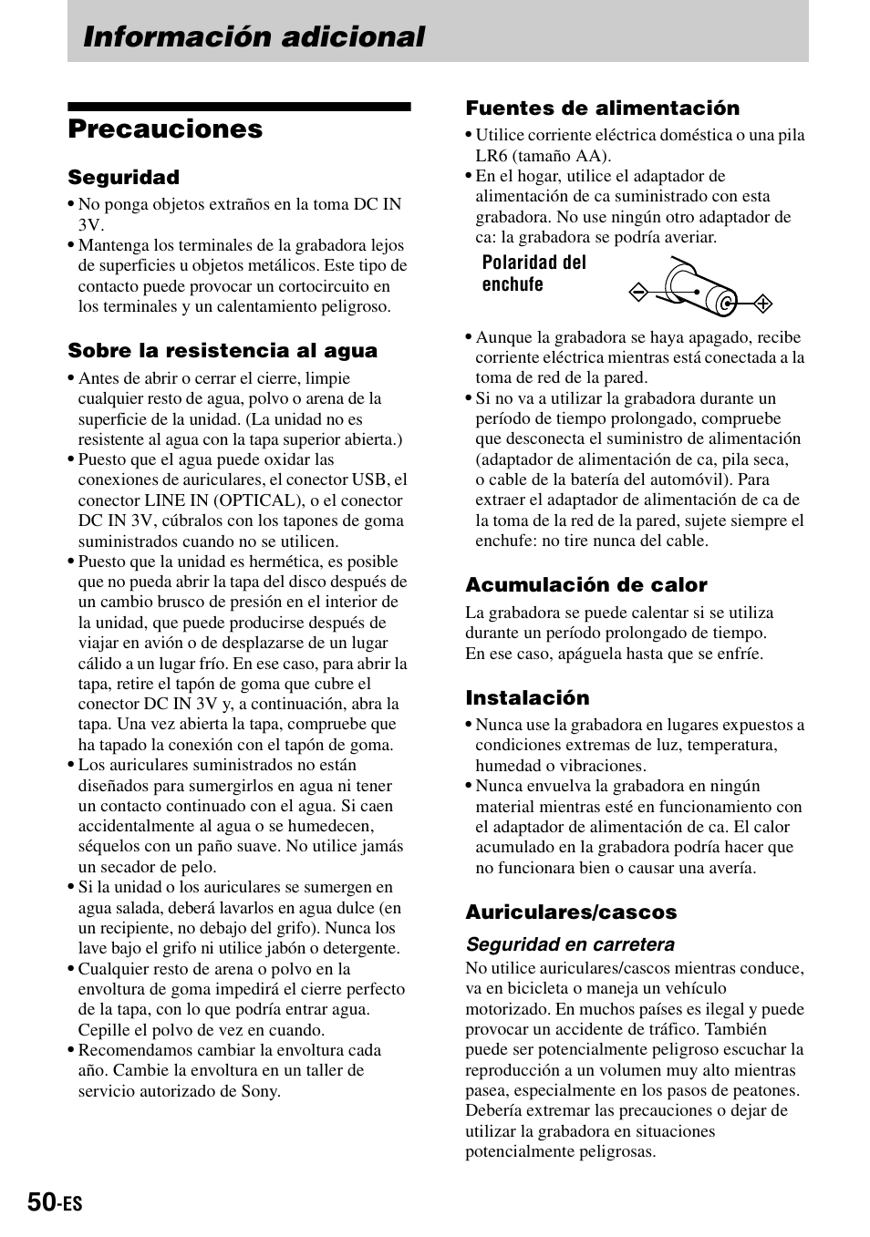 Información adicional, Precauciones | Sony MZ-S1 User Manual | Page 190 / 208