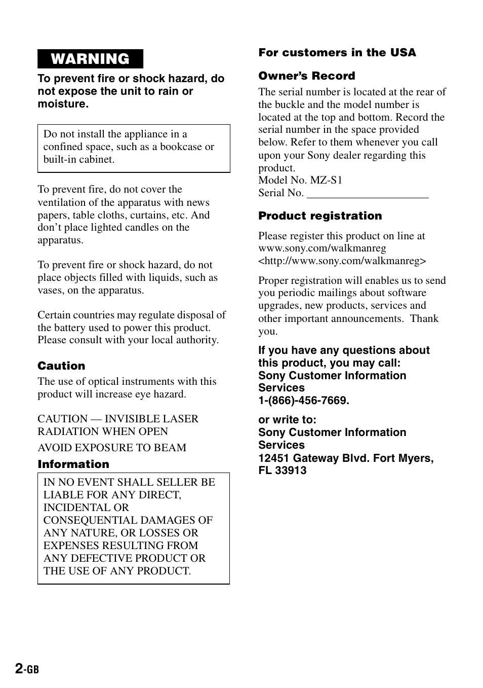 Warning | Sony MZ-S1 User Manual | Page 2 / 208