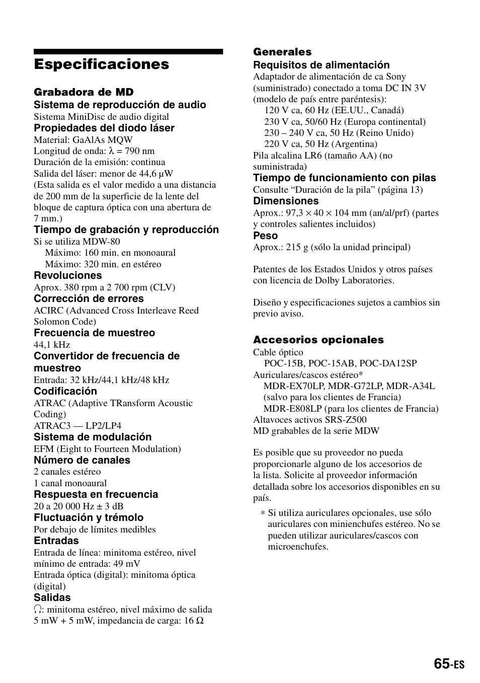 Especificaciones | Sony MZ-S1 User Manual | Page 205 / 208