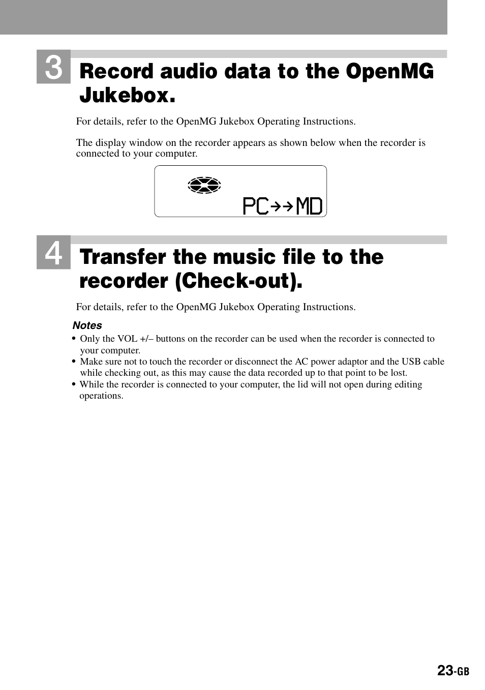 Pc md, Record audio data to the openmg jukebox | Sony MZ-S1 User Manual | Page 23 / 208