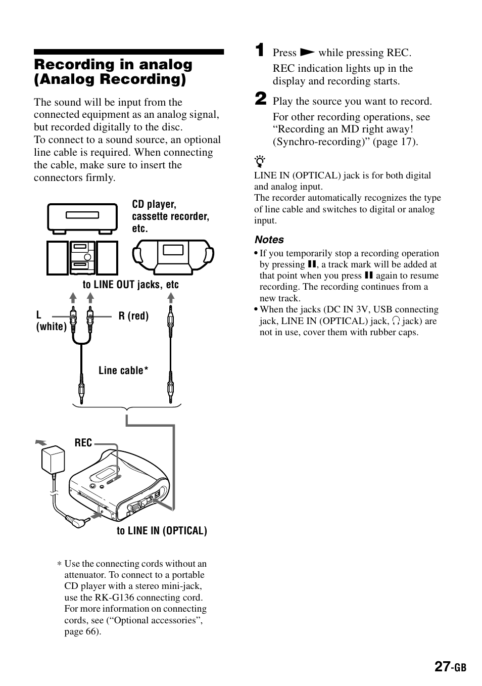 Recording in analog (analog recording), Recording in analog | Sony MZ-S1 User Manual | Page 27 / 208