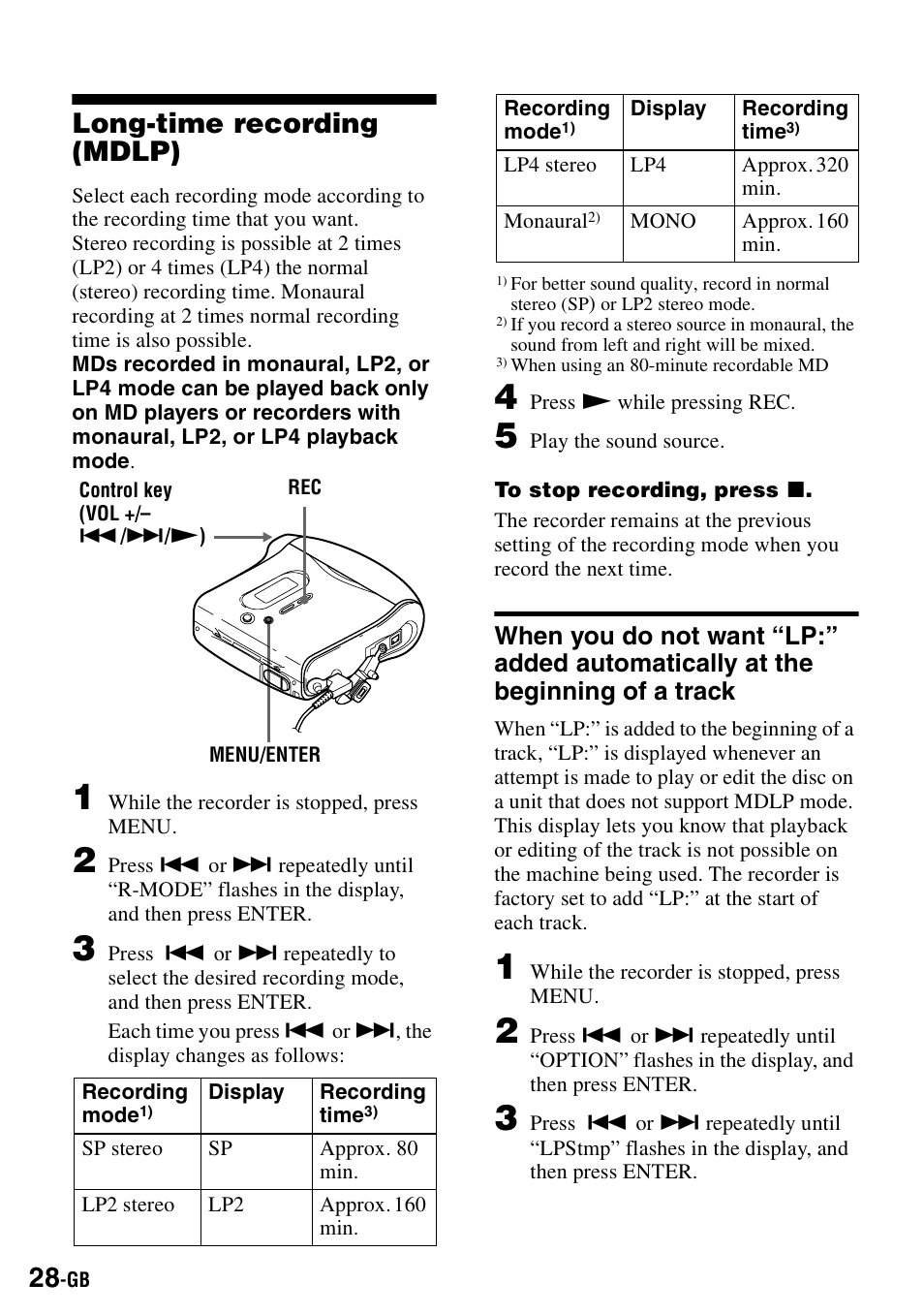 Long-time recording (mdlp), Beginning of a track | Sony MZ-S1 User Manual | Page 28 / 208