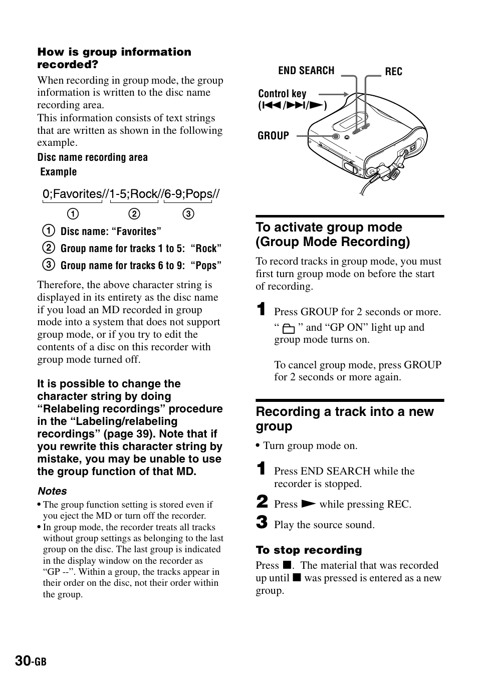 To activate group mode (group mode recording), Recording a track into a new group | Sony MZ-S1 User Manual | Page 30 / 208