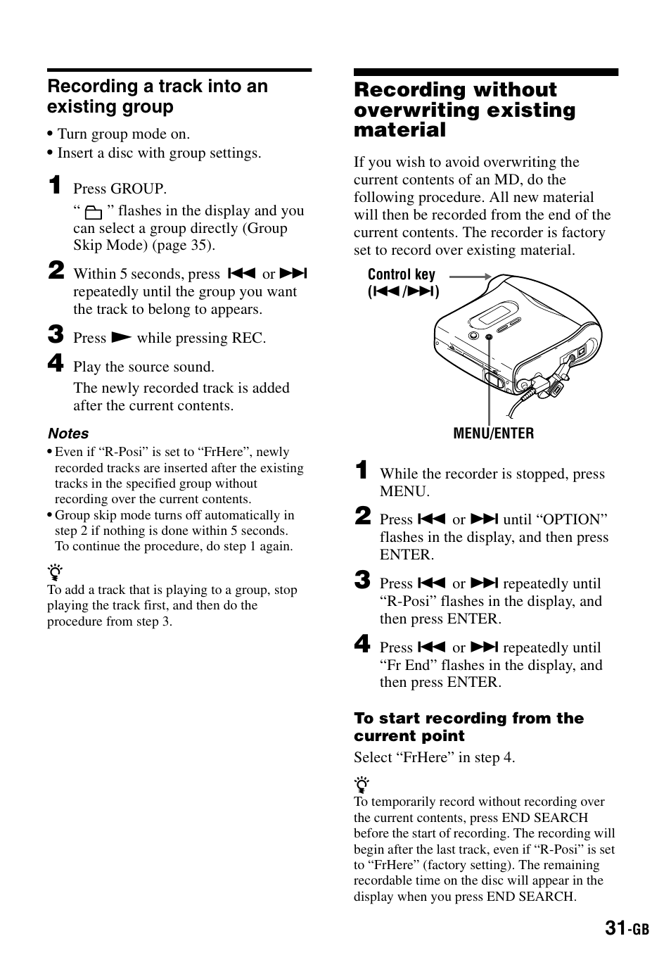 Recording a track into an existing group, Recording without overwriting existing material | Sony MZ-S1 User Manual | Page 31 / 208