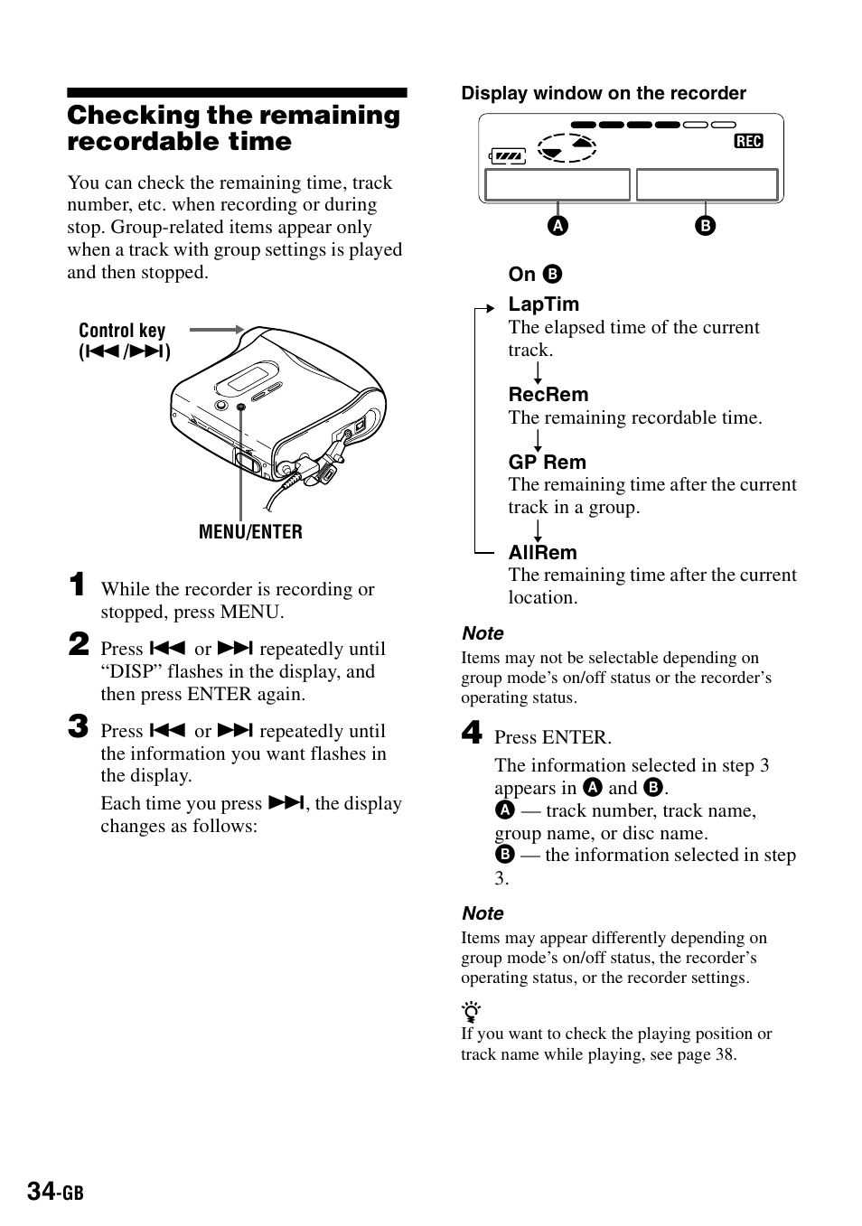 Checking the remaining recordable time | Sony MZ-S1 User Manual | Page 34 / 208
