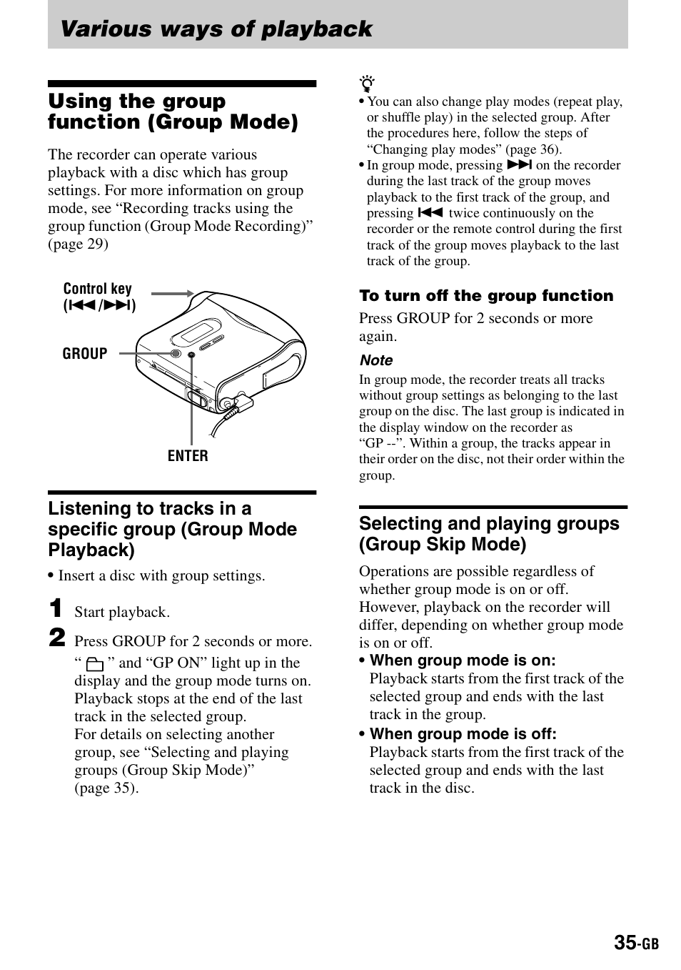 Various ways of playback, Using the group function (group mode), Selecting and playing groups (group skip mode) | Sony MZ-S1 User Manual | Page 35 / 208