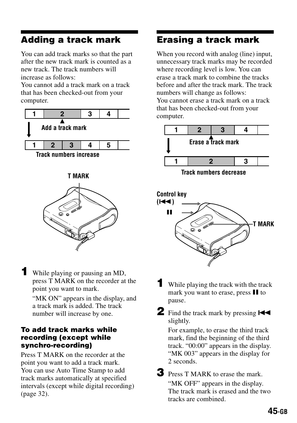 Adding a track mark, Erasing a track mark, Adding a track mark erasing a track mark | Sony MZ-S1 User Manual | Page 45 / 208