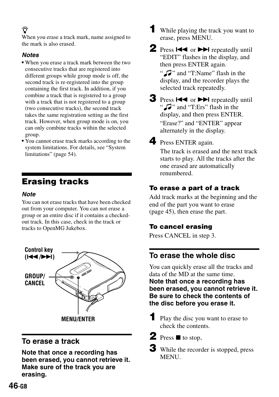 Erasing tracks, To erase a track, To erase the whole disc | To erase a track to erase the whole disc | Sony MZ-S1 User Manual | Page 46 / 208