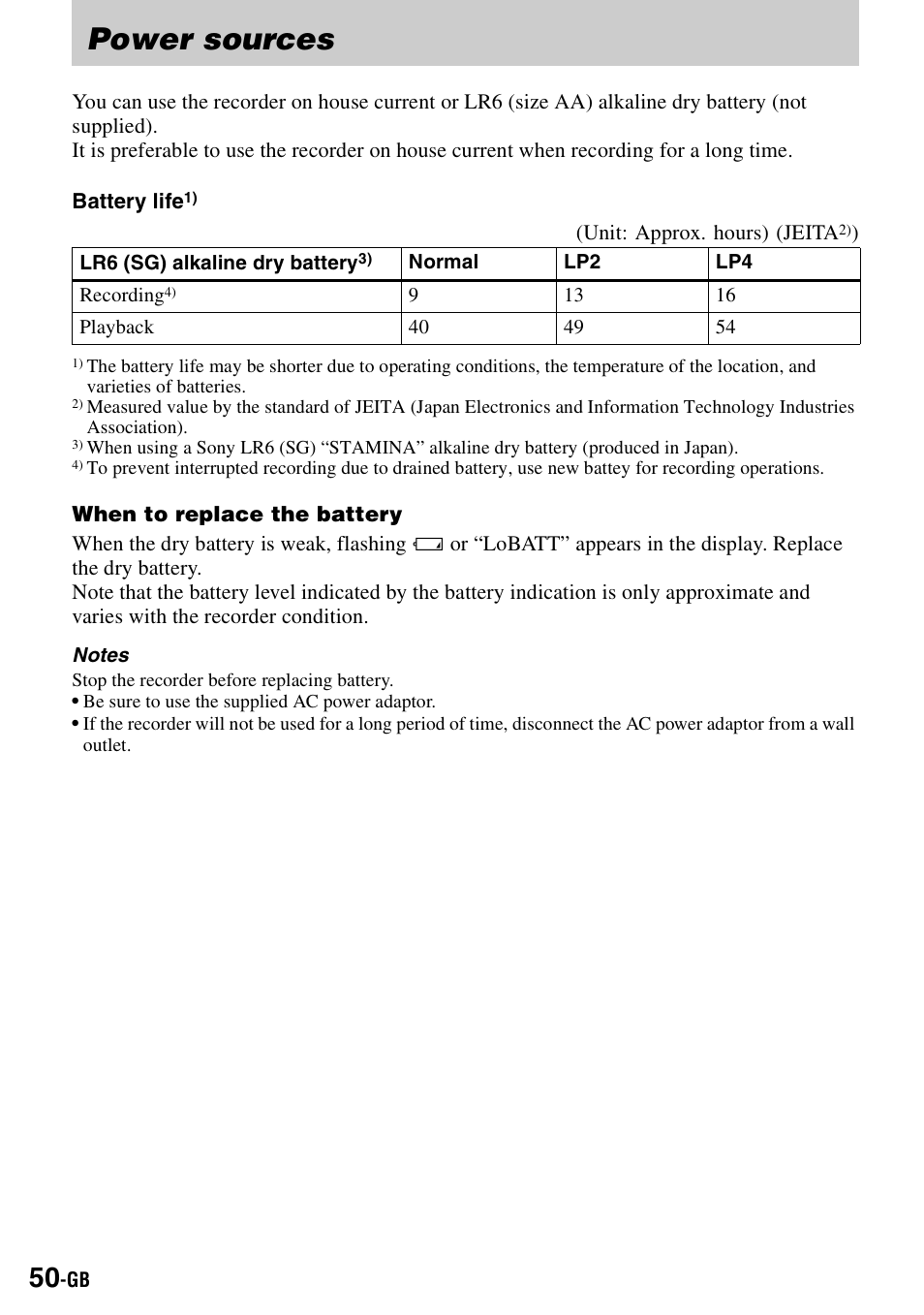 Power sources | Sony MZ-S1 User Manual | Page 50 / 208