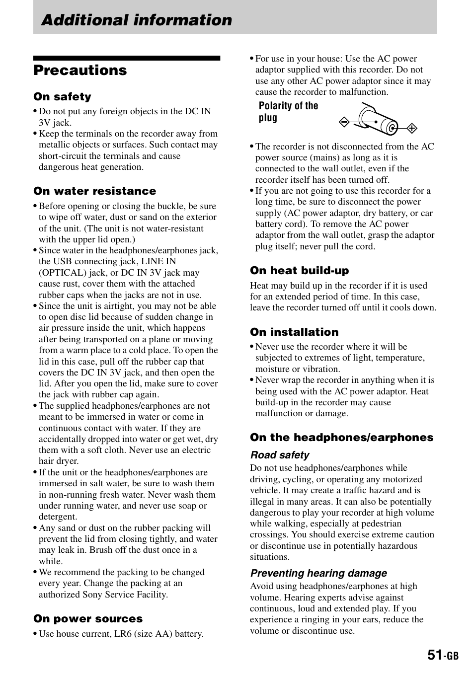 Additional information, Precautions | Sony MZ-S1 User Manual | Page 51 / 208