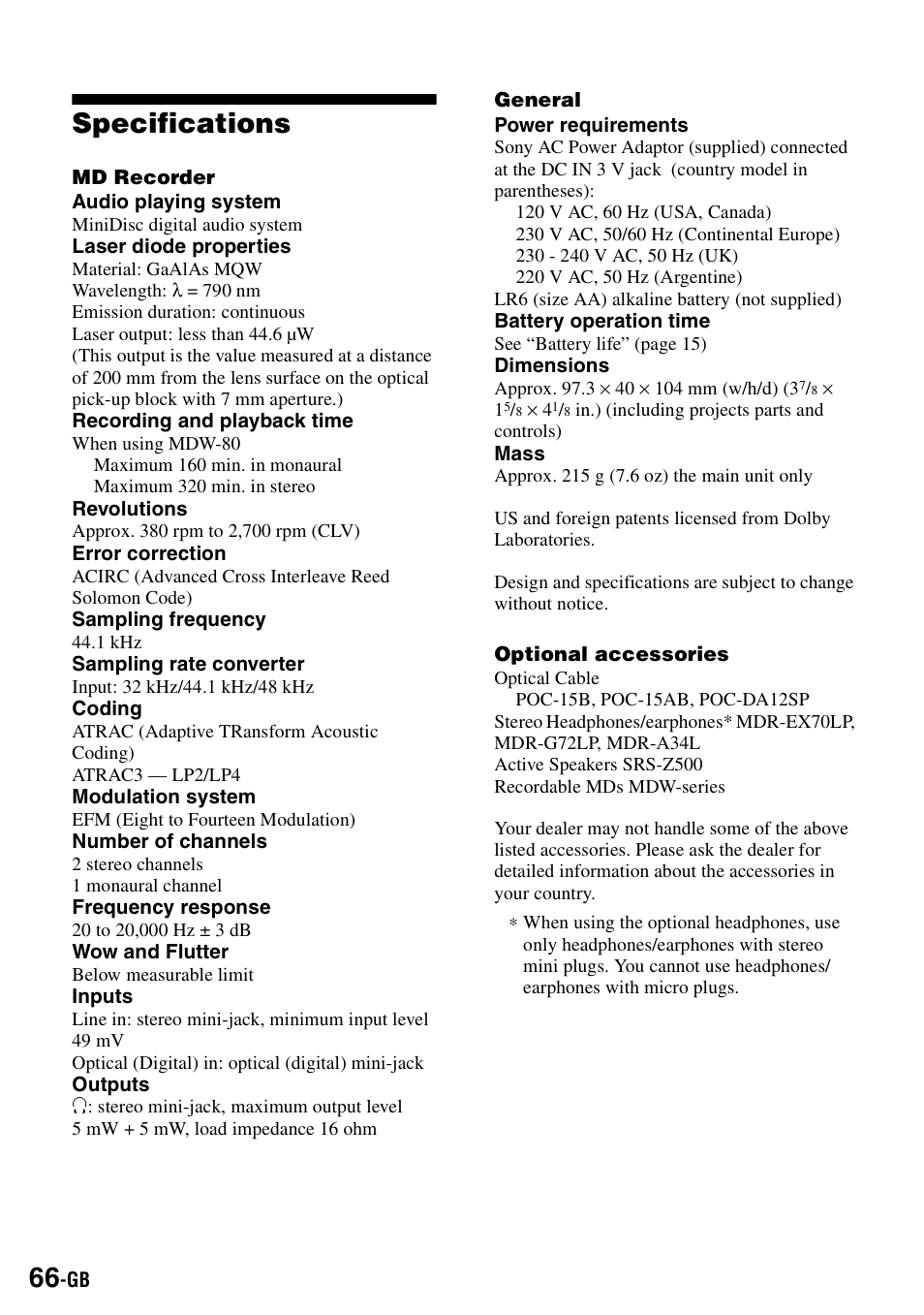 Specifications | Sony MZ-S1 User Manual | Page 66 / 208