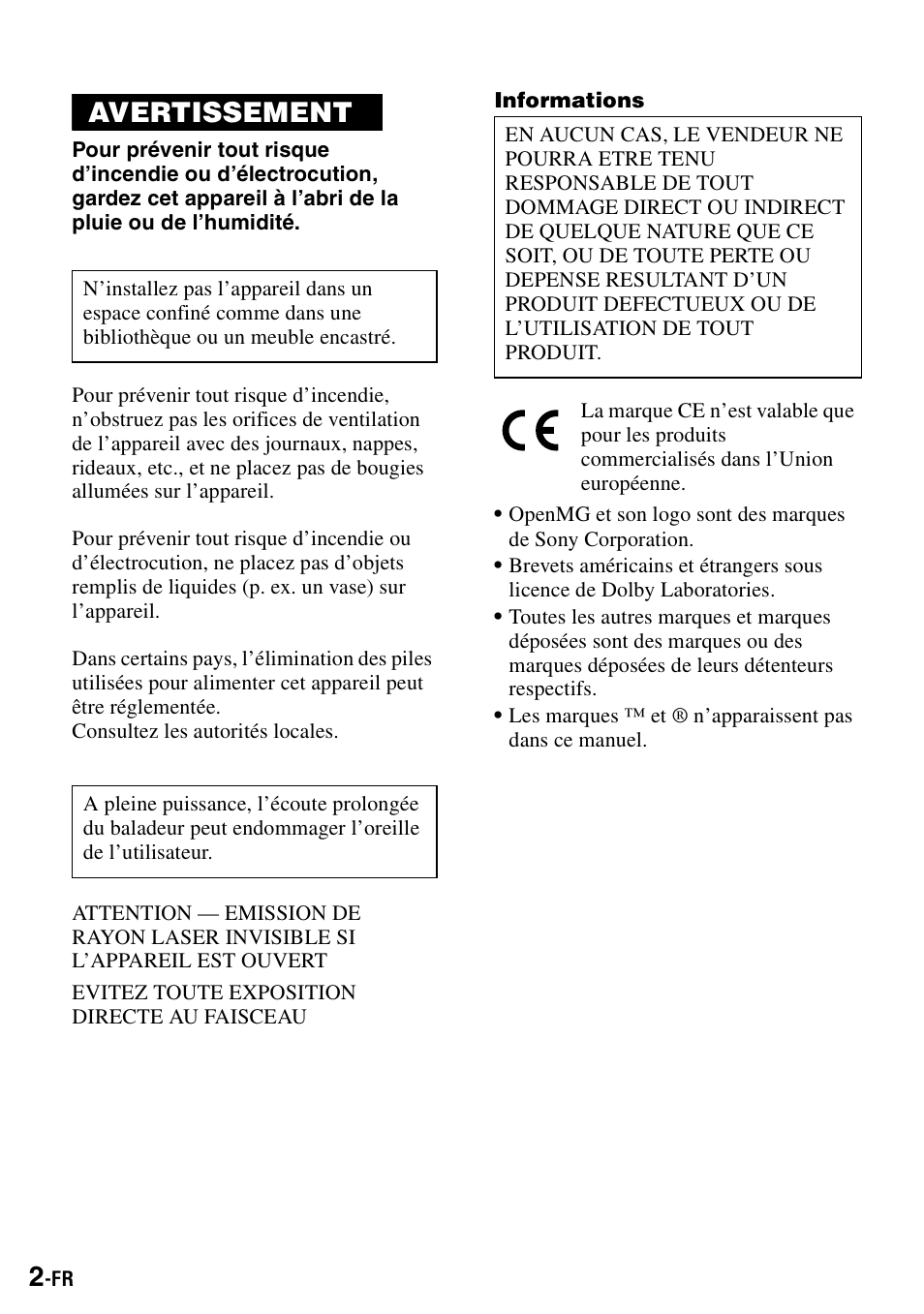 Avertissement | Sony MZ-S1 User Manual | Page 70 / 208