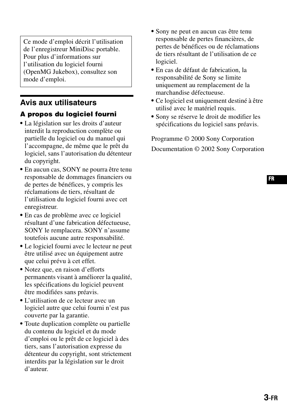 Avis aux utilisateurs | Sony MZ-S1 User Manual | Page 71 / 208