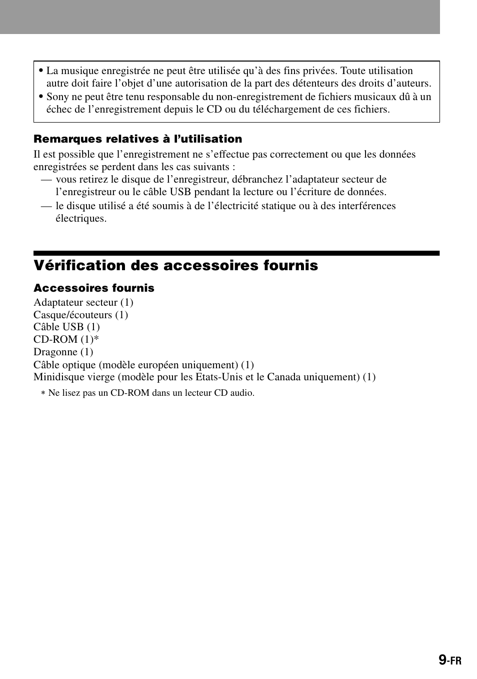 Vérification des accessoires fournis | Sony MZ-S1 User Manual | Page 77 / 208