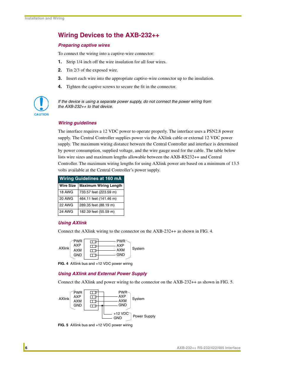 Wiring devices to the axb-232, Preparing captive wires, Wiring guidelines | Using axlink, Using axlink and external power supply | AMX AXlink Bus Controllers AXB-232++ User Manual | Page 10 / 20