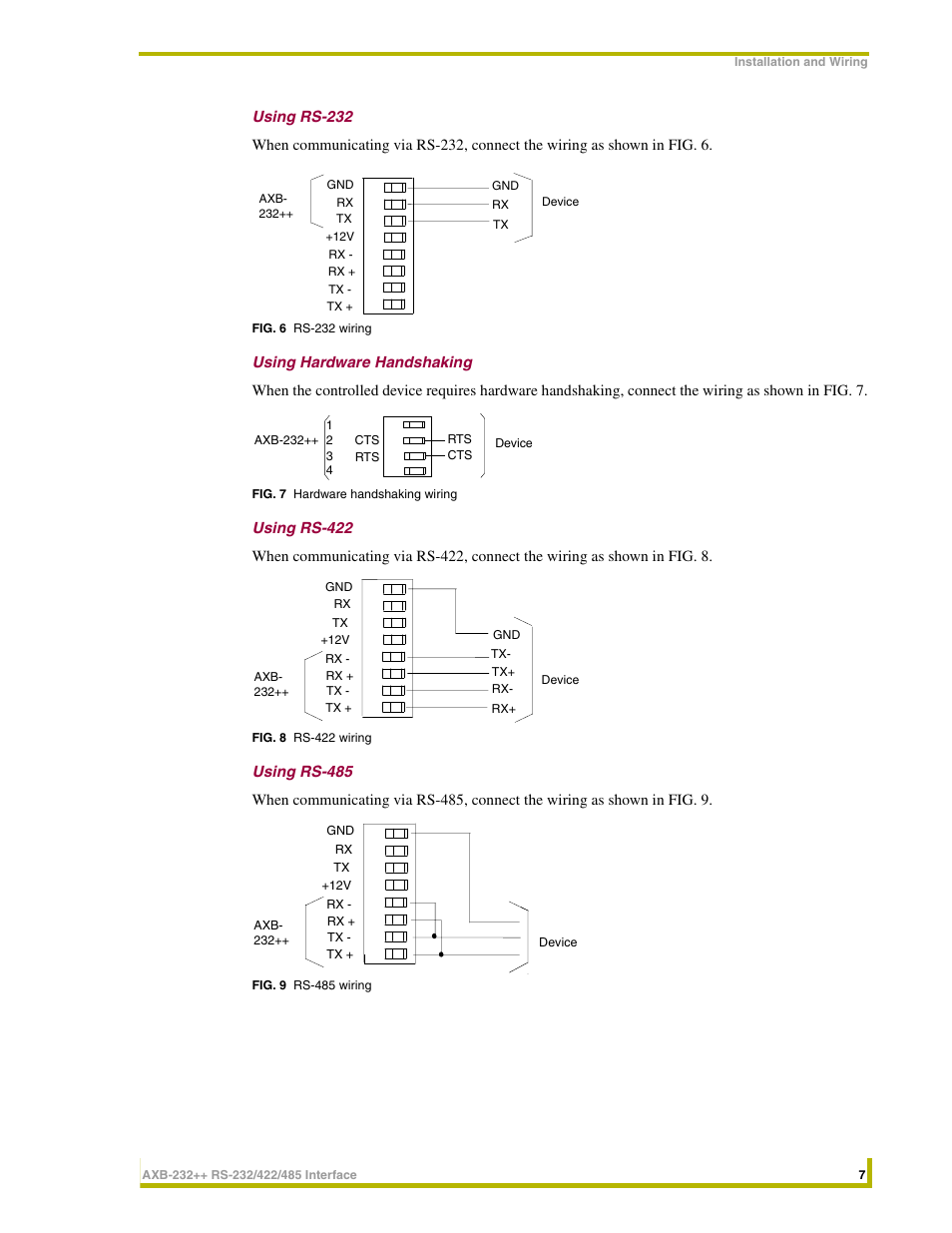 Using rs-232, Using hardware handshaking, Using rs-422 | Using rs-485 | AMX AXlink Bus Controllers AXB-232++ User Manual | Page 11 / 20