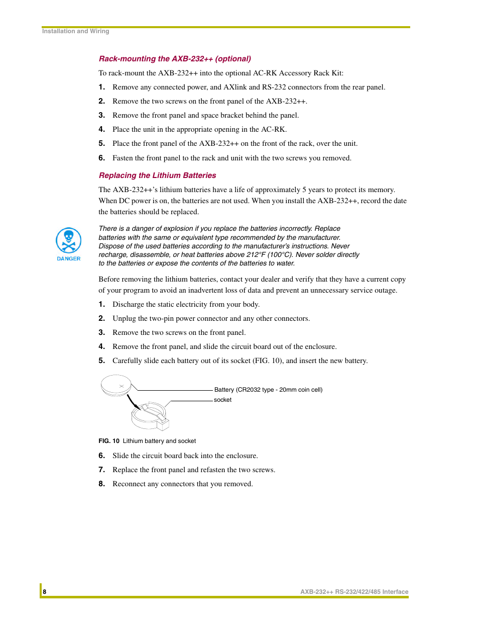 Rack-mounting the axb-232++ (optional), Replacing the lithium batteries | AMX AXlink Bus Controllers AXB-232++ User Manual | Page 12 / 20