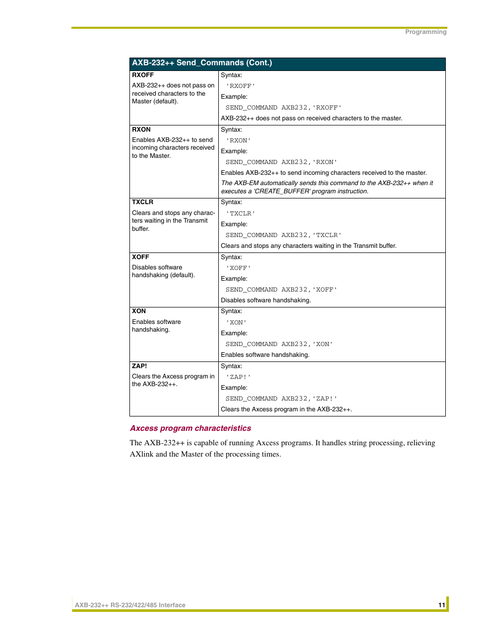 Axcess program characteristics | AMX AXlink Bus Controllers AXB-232++ User Manual | Page 15 / 20