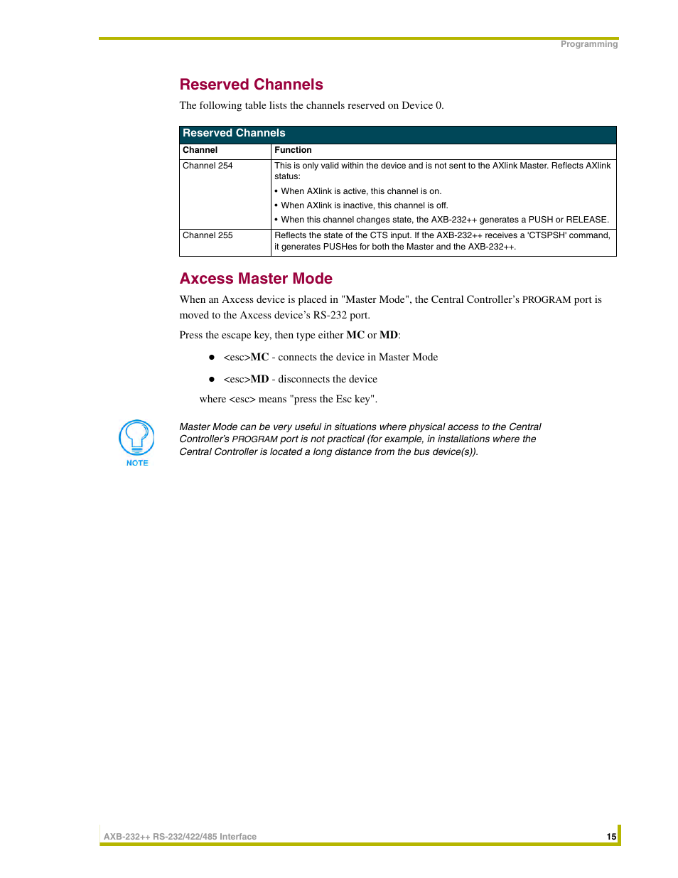 Reserved channels, Axcess master mode | AMX AXlink Bus Controllers AXB-232++ User Manual | Page 19 / 20