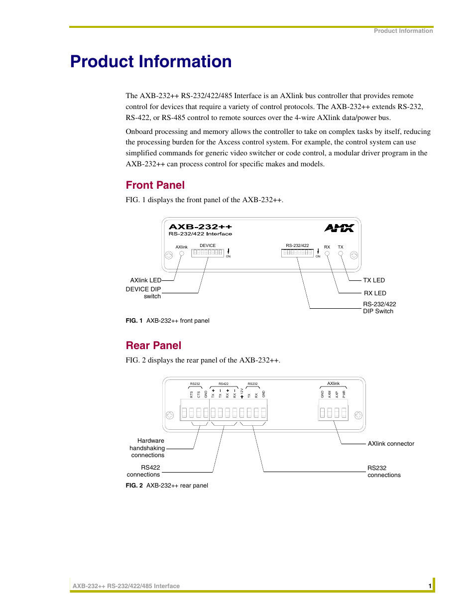Product information, Front panel, Rear panel | Fig. 1 displays the front panel of the axb-232, Fig. 2 displays the rear panel of the axb-232 | AMX AXlink Bus Controllers AXB-232++ User Manual | Page 5 / 20