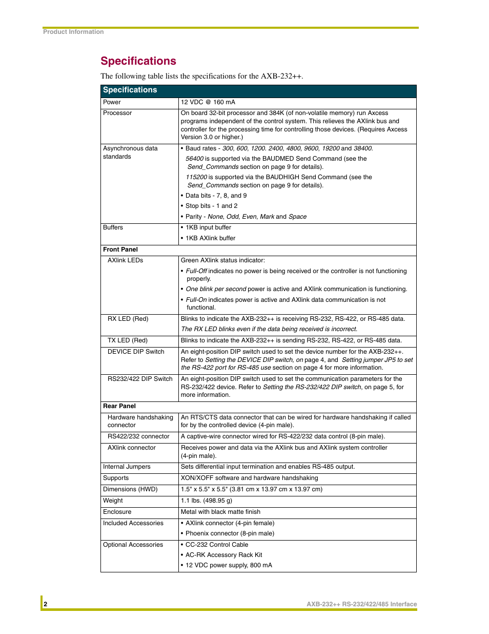 Specifications | AMX AXlink Bus Controllers AXB-232++ User Manual | Page 6 / 20