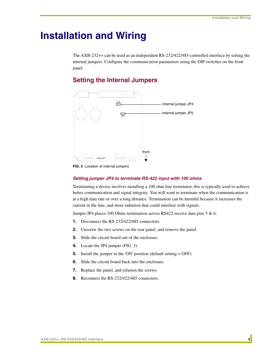 Installation and wiring, Setting the internal jumpers | AMX AXlink Bus Controllers AXB-232++ User Manual | Page 7 / 20