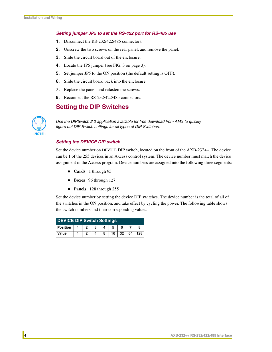 Setting the dip switches, Setting the device dip switch | AMX AXlink Bus Controllers AXB-232++ User Manual | Page 8 / 20