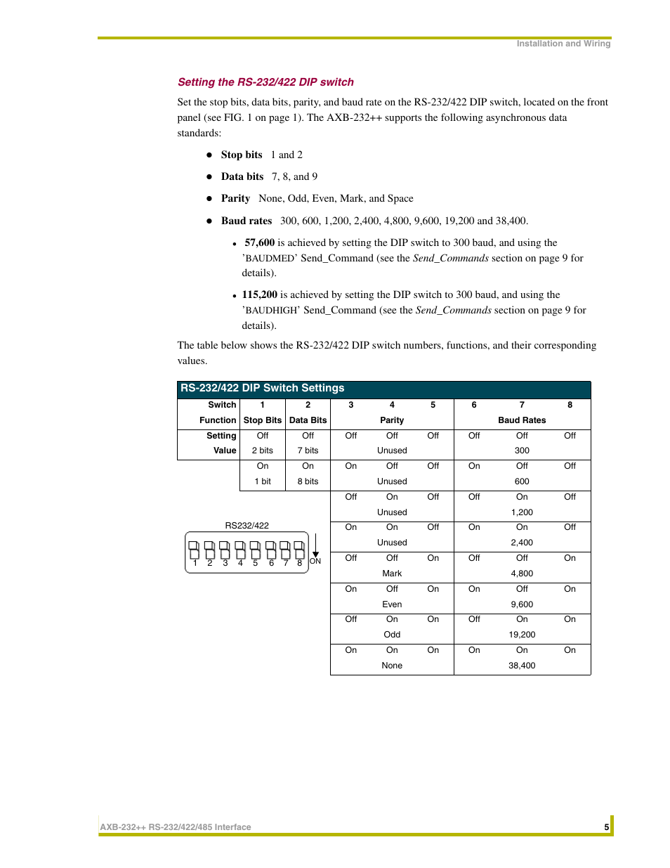 Setting the rs-232/422 dip switch | AMX AXlink Bus Controllers AXB-232++ User Manual | Page 9 / 20