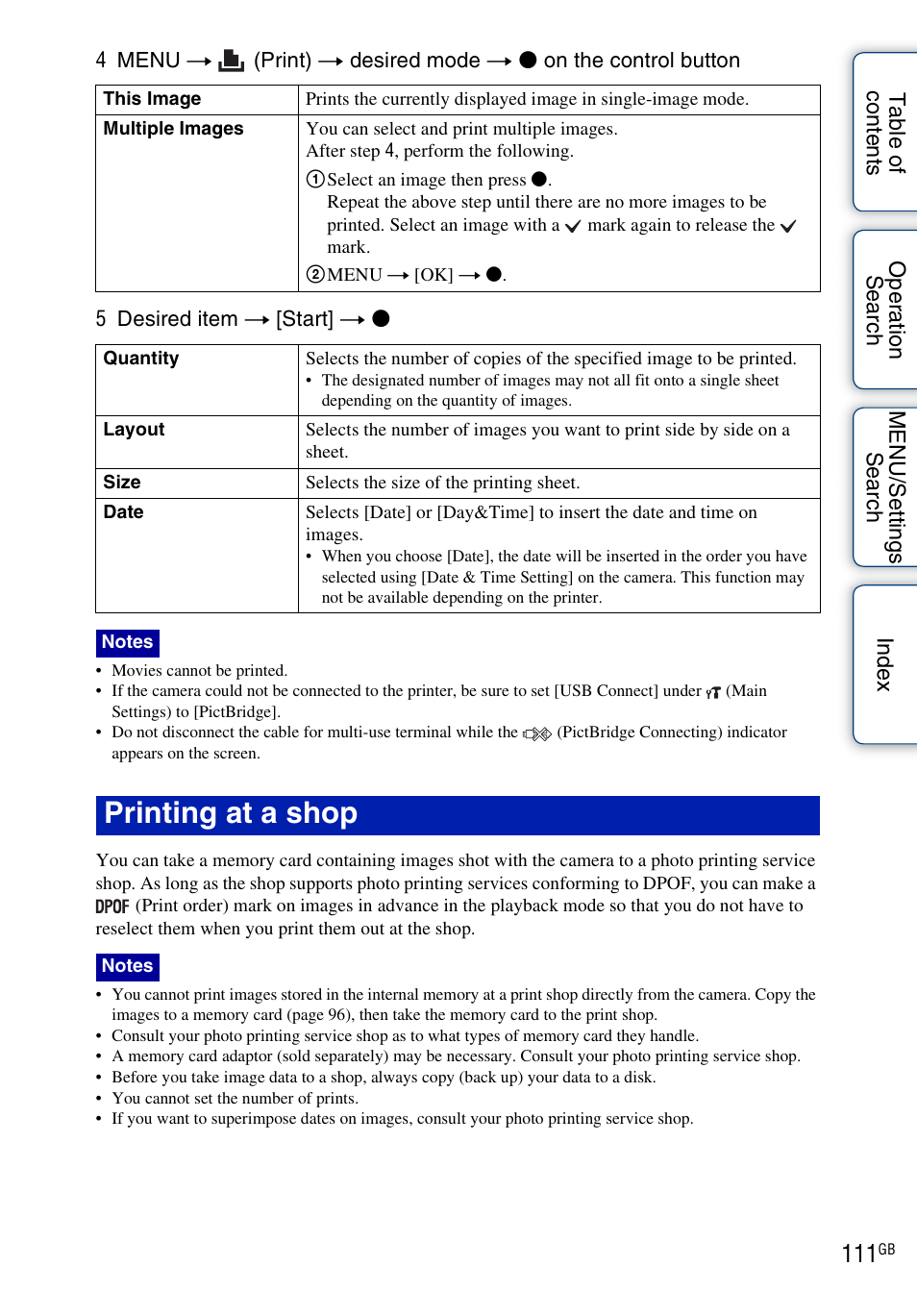 Printing at a shop | Sony DSC-H55 User Manual | Page 111 / 132