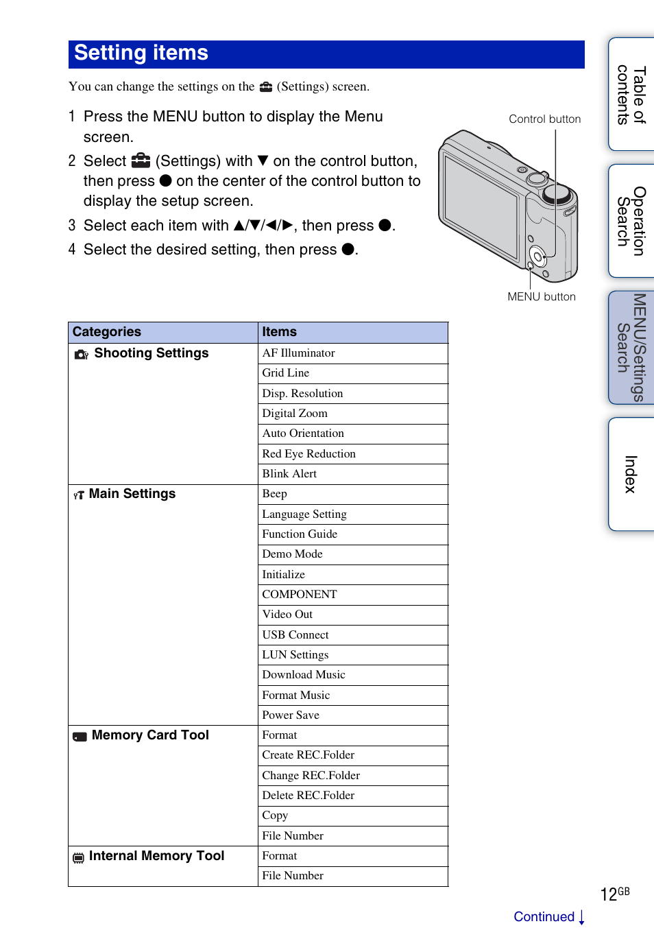 Setting items | Sony DSC-H55 User Manual | Page 12 / 132