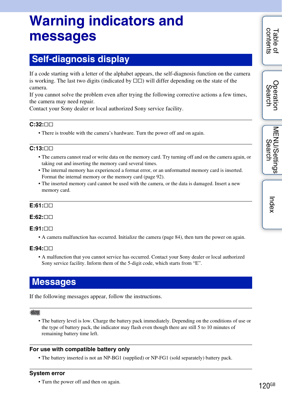 Warning indicators and messages, Self-diagnosis display messages | Sony DSC-H55 User Manual | Page 120 / 132