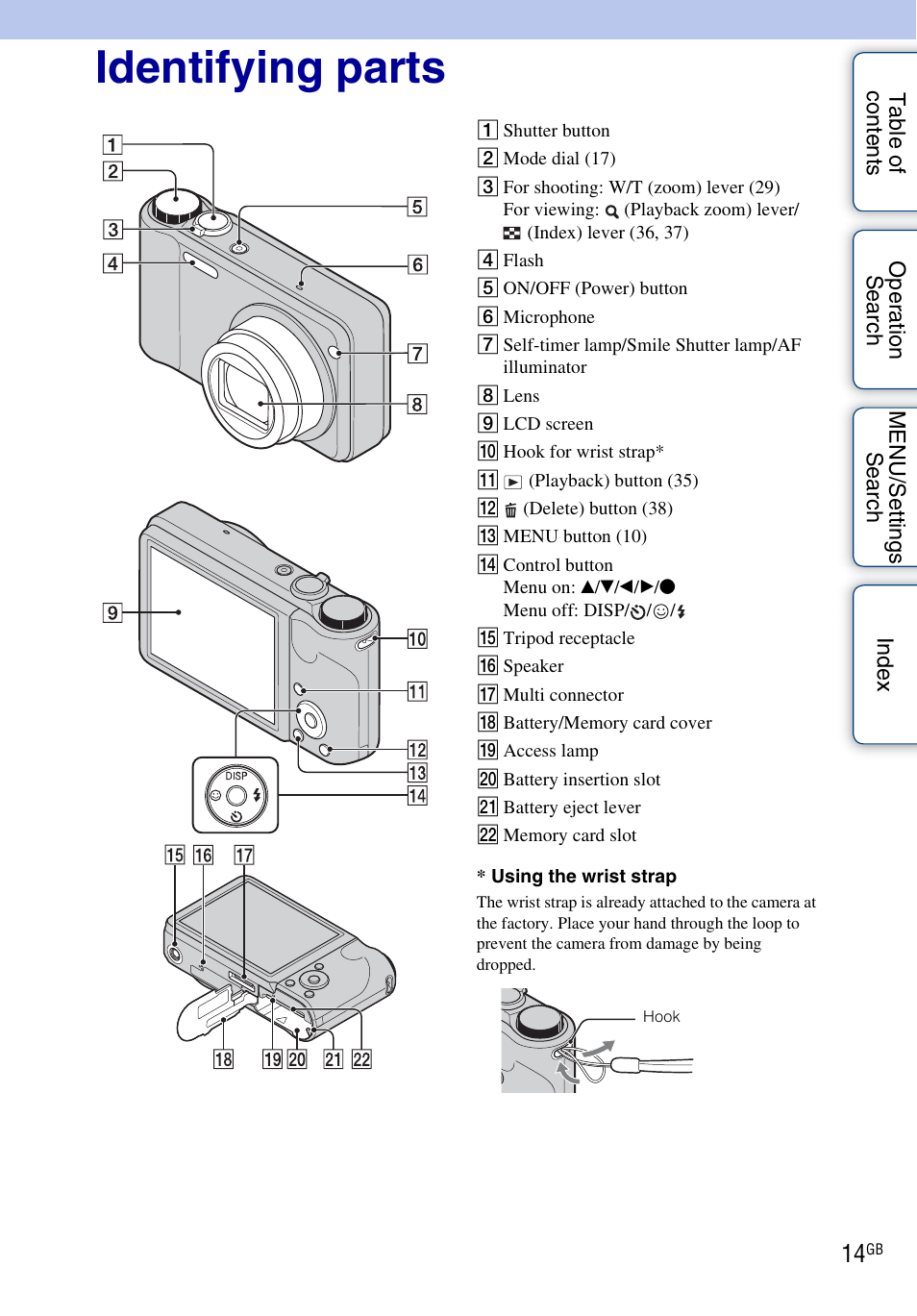 Identifying parts | Sony DSC-H55 User Manual | Page 14 / 132