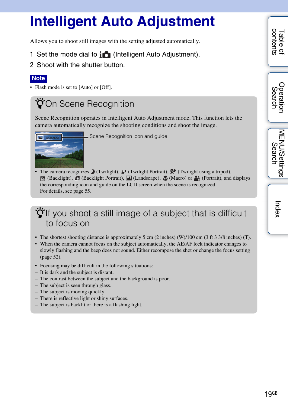 Intelligent auto adjustment, On scene recognition | Sony DSC-H55 User Manual | Page 19 / 132