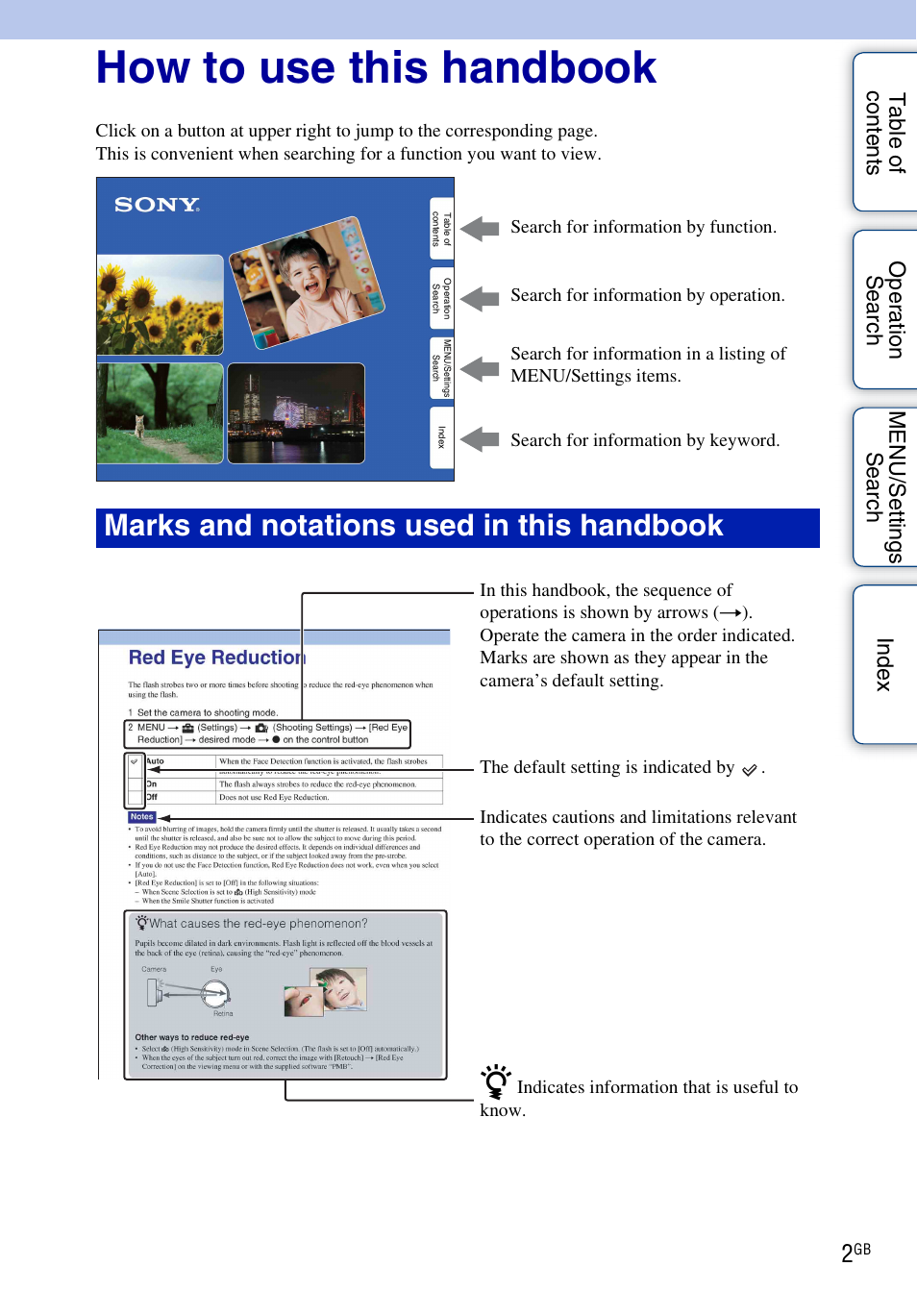 How to use this handbook, Marks and notations used in this handbook | Sony DSC-H55 User Manual | Page 2 / 132