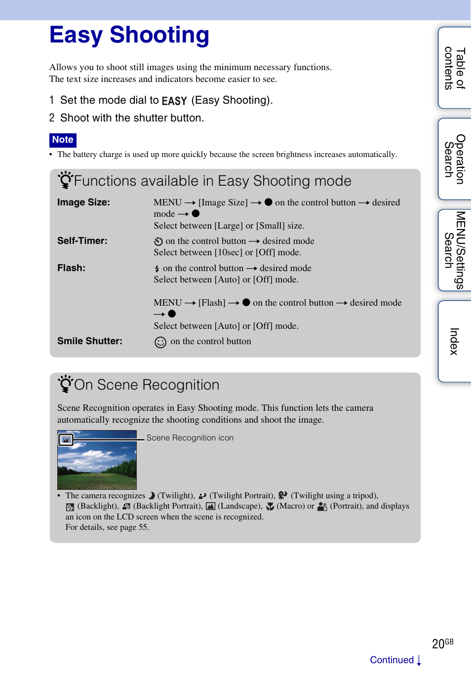 Easy shooting, Functions available in easy shooting mode, On scene recognition | Sony DSC-H55 User Manual | Page 20 / 132