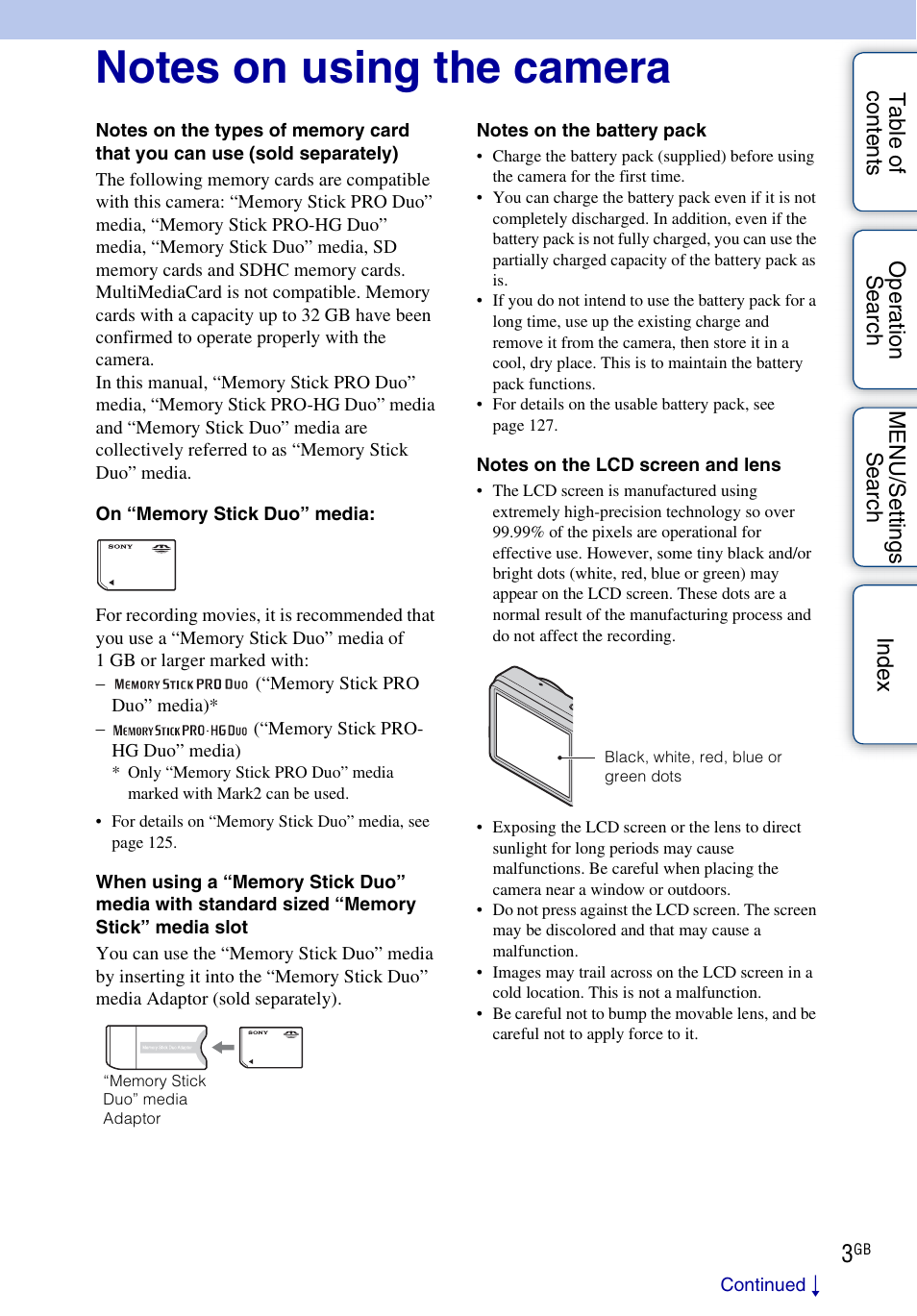 Notes on using the camera | Sony DSC-H55 User Manual | Page 3 / 132